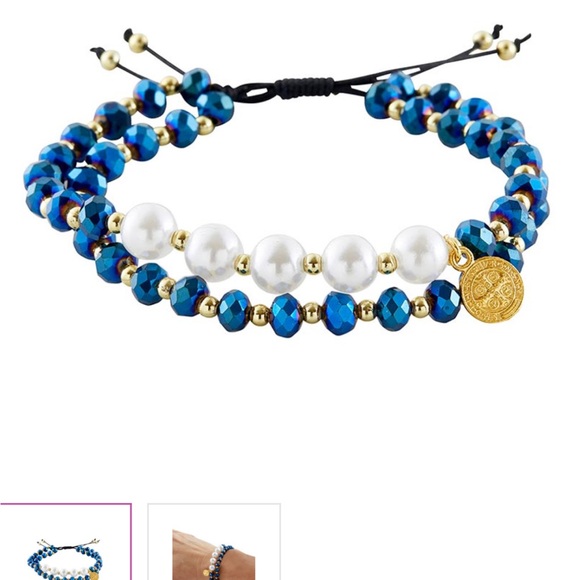 Saint Benedict gold medal Elegant double Blue Bead and pearl Bracelet women nwt - Picture 1 of 2